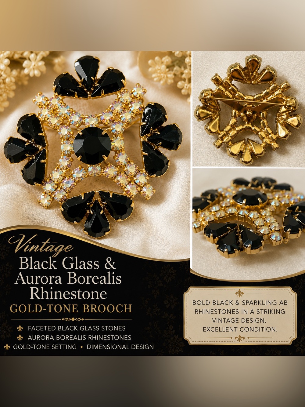 Vintage Black Glass & Aurora Borealis Rhinestone Two-Tone Brooch